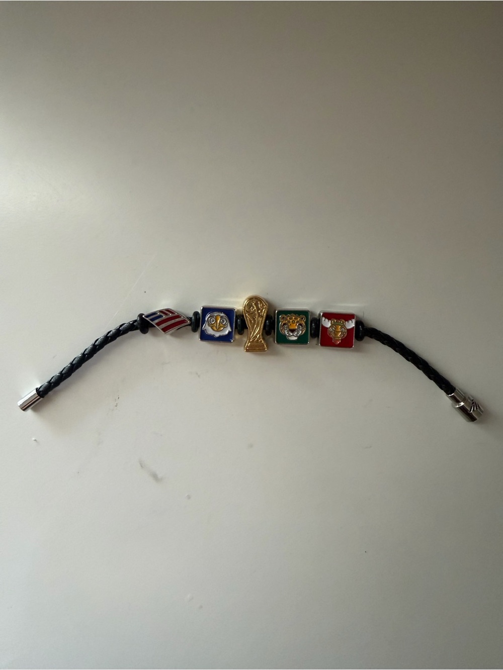 World Cup Themed Black Braided Charm Bracelet with Flag and Trophy Charms